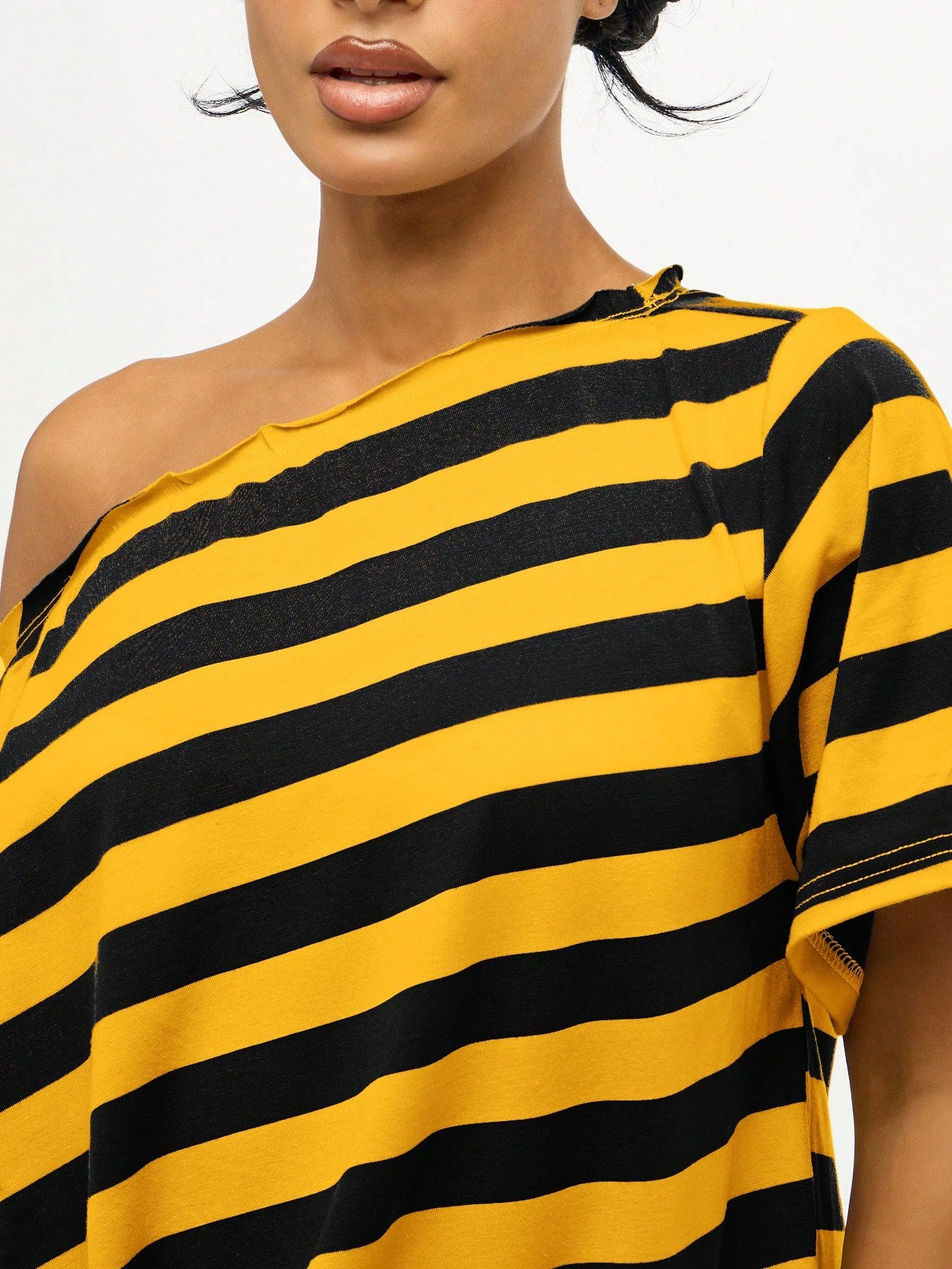 SUMWON Plus Size Off Shoulder Striped T-Shirt With Asymmetric Hem And Knotted Detail For Casual Summer Wear