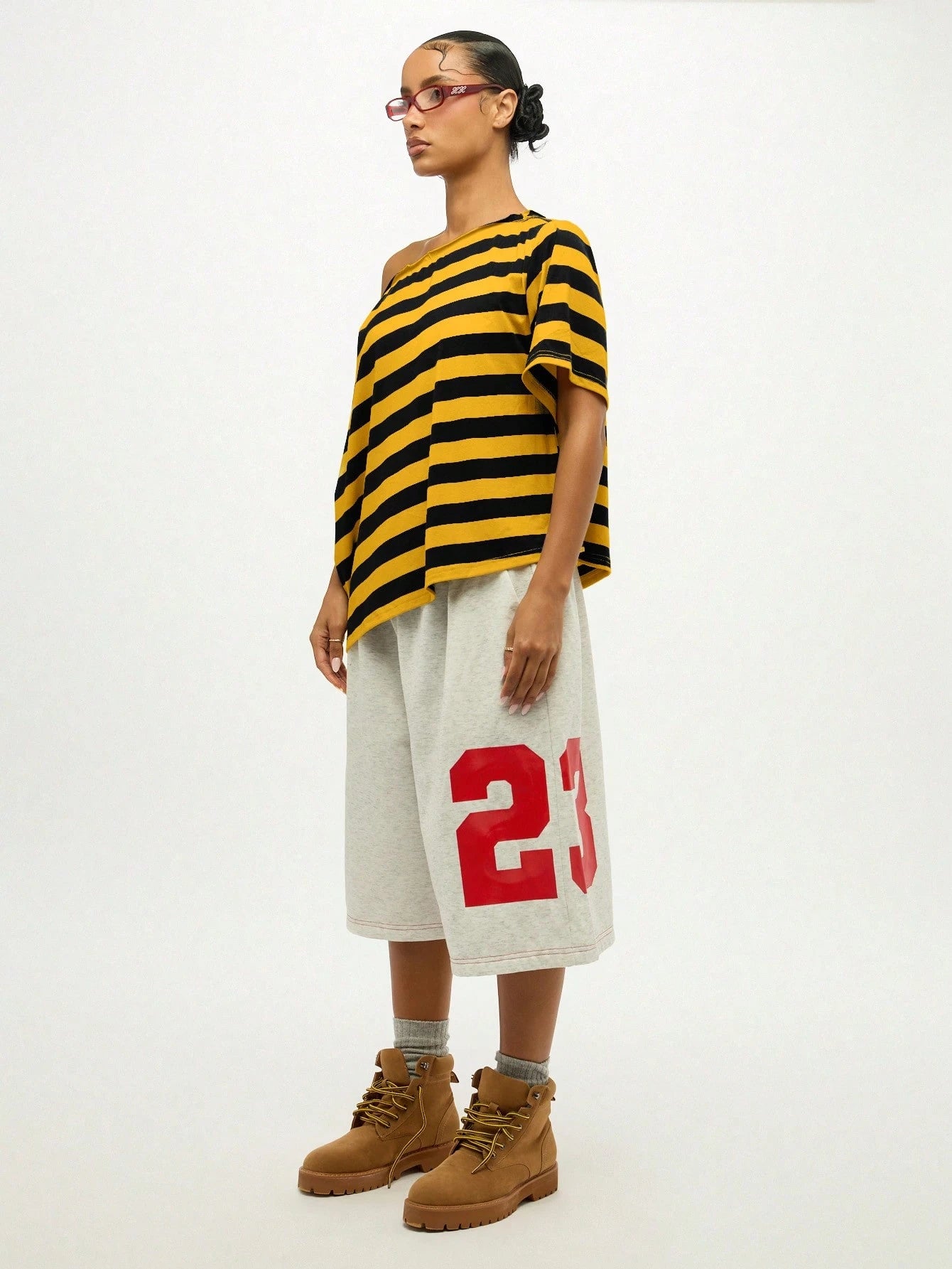SUMWON Plus Size Off Shoulder Striped T-Shirt With Asymmetric Hem And Knotted Detail For Casual Summer Wear