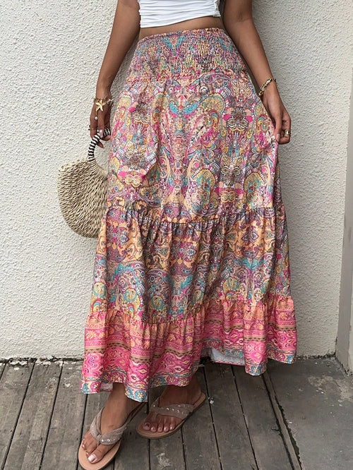 Sunnyshic Paisley Print Boho Style Long Skirt With Layered Ruffles Hem, Waistband, Elegant Ladies Summer Casual/Beach Skirt
