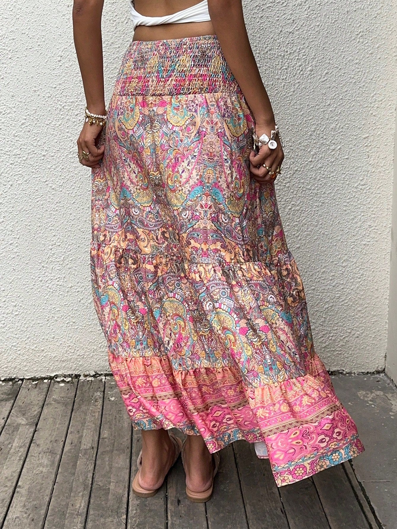 Sunnyshic Paisley Print Boho Style Long Skirt With Layered Ruffles Hem, Waistband, Elegant Ladies Summer Casual/Beach Skirt