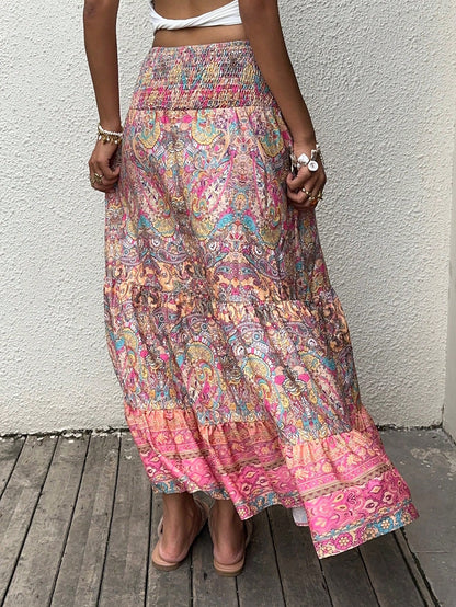 Sunnyshic Paisley Print Boho Style Long Skirt With Layered Ruffles Hem, Waistband, Elegant Ladies Summer Casual/Beach Skirt