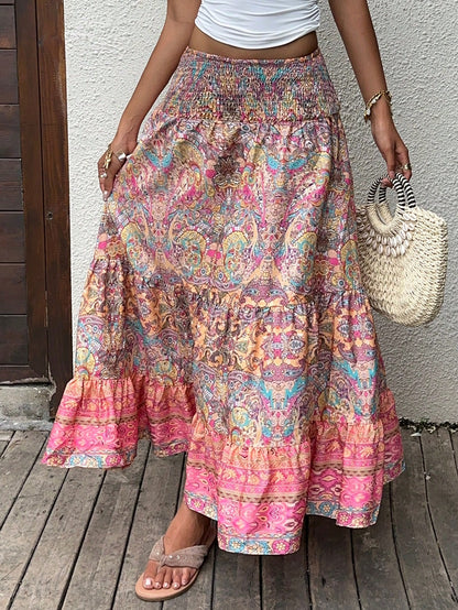 Sunnyshic Paisley Print Boho Style Long Skirt With Layered Ruffles Hem, Waistband, Elegant Ladies Summer Casual/Beach Skirt