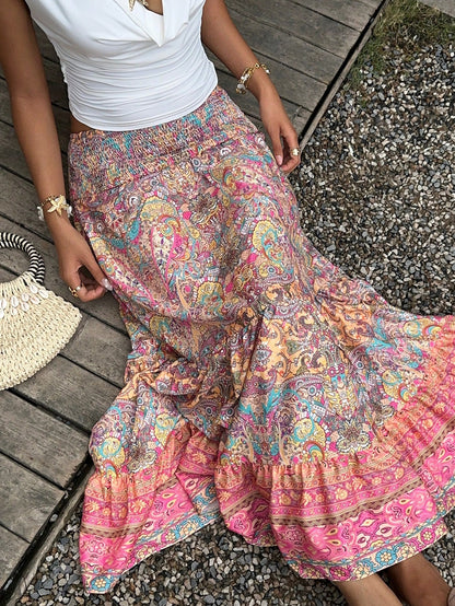 Sunnyshic Paisley Print Boho Style Long Skirt With Layered Ruffles Hem, Waistband, Elegant Ladies Summer Casual/Beach Skirt