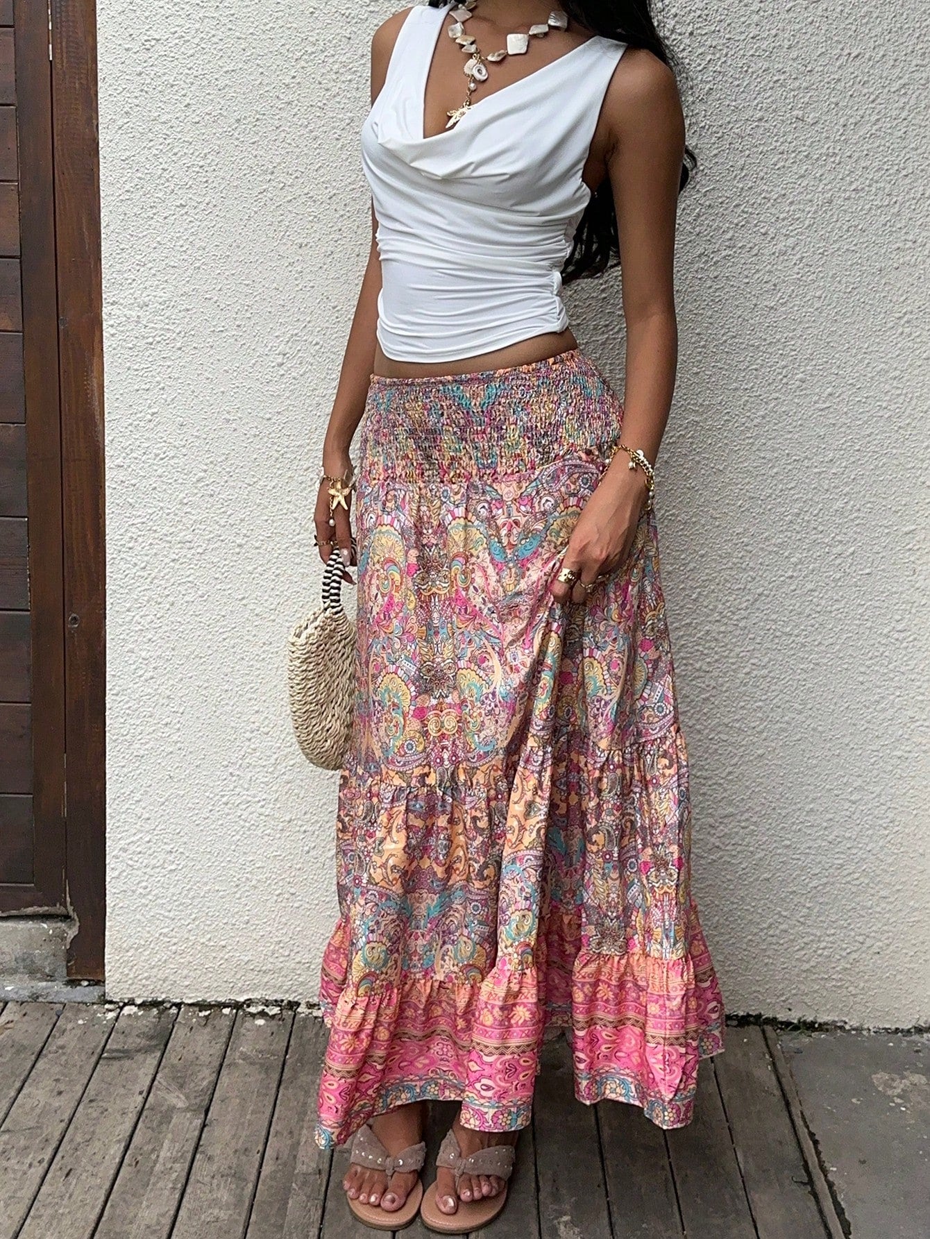 Sunnyshic Paisley Print Boho Style Long Skirt With Layered Ruffles Hem, Waistband, Elegant Ladies Summer Casual/Beach Skirt