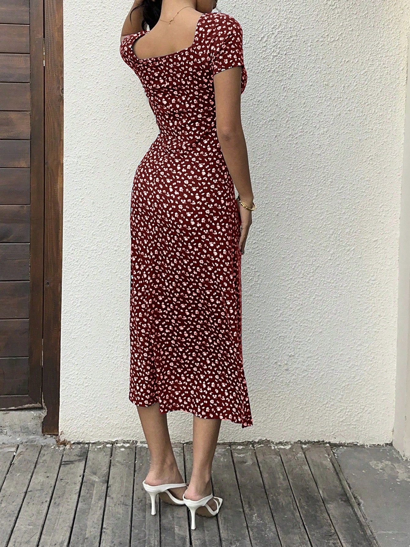 Sunnyshic Women's Floral Print Twist Front Long Bodycon Dress Short Sleeve