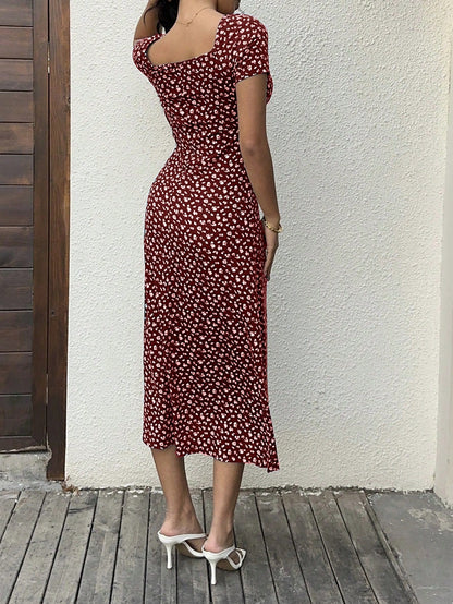 Sunnyshic Women's Floral Print Twist Front Long Bodycon Dress Short Sleeve