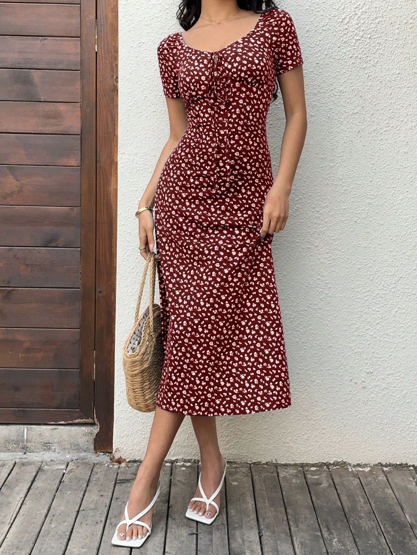 Sunnyshic Women's Floral Print Twist Front Long Bodycon Dress Short Sleeve