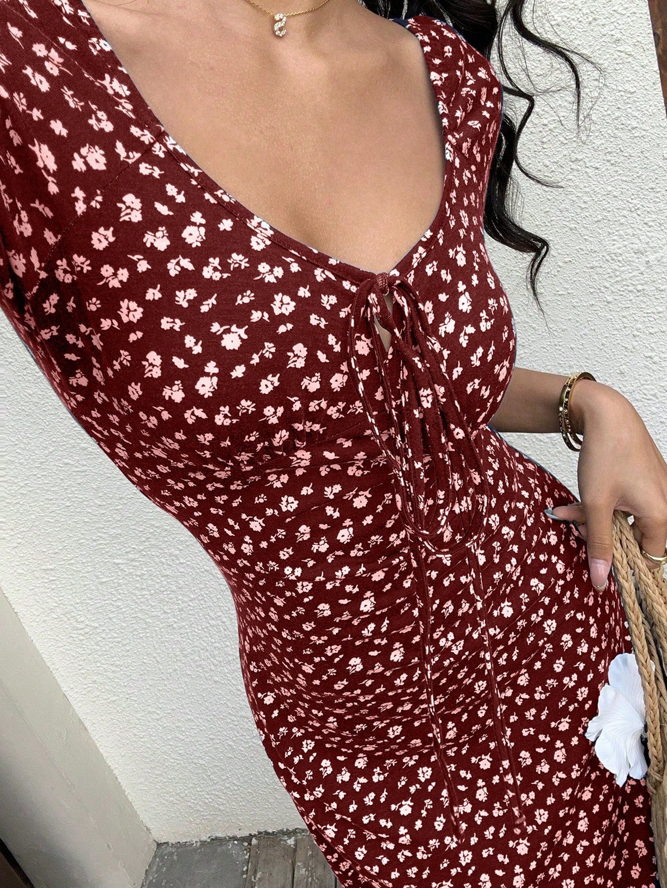 Sunnyshic Women's Floral Print Twist Front Long Bodycon Dress Short Sleeve