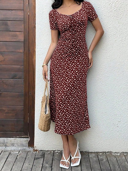 Sunnyshic Women's Floral Print Twist Front Long Bodycon Dress Short Sleeve