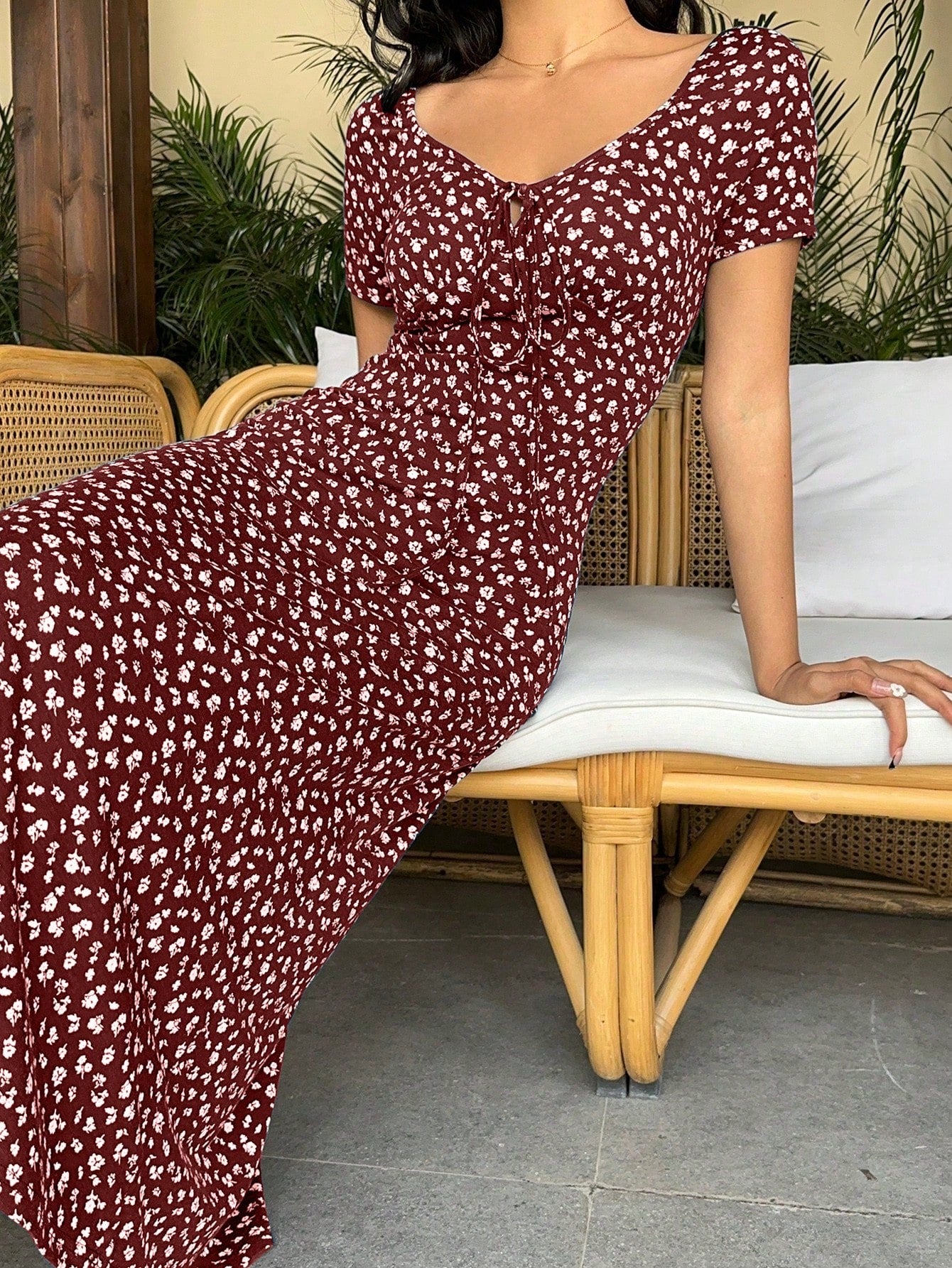 Sunnyshic Women's Floral Print Twist Front Long Bodycon Dress Short Sleeve