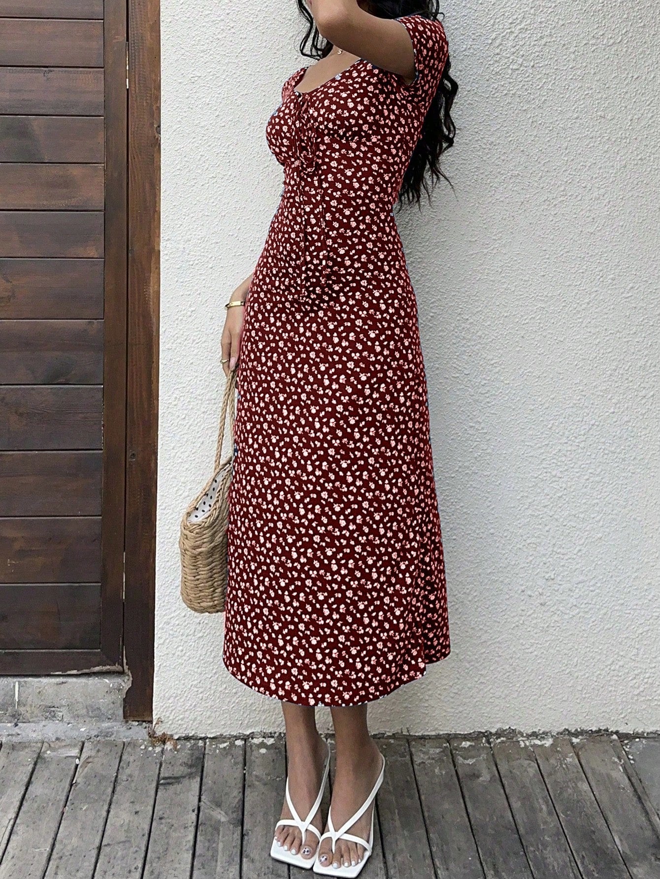 Sunnyshic Women's Floral Print Twist Front Long Bodycon Dress Short Sleeve