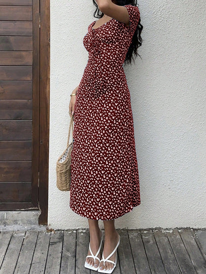 Sunnyshic Women's Floral Print Twist Front Long Bodycon Dress Short Sleeve