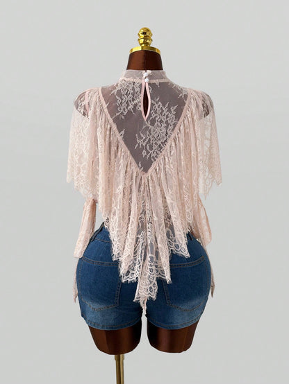 Sunspun Casual Elegant Minimalist French Style White Plus Size Top With Genuine Embroidery And Sheer Mesh Embroidered Shawl Collar, Suitable For Vacation, Wedding, Party And Casual Wear For Women