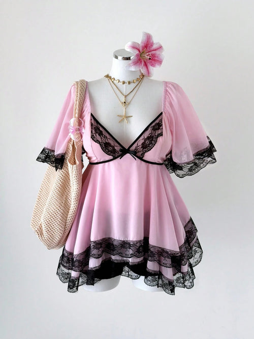 Sunspun New Elegant Sweet Going Out Tops, Chiffon Fabric Contrast Lace Trim With Bow, Oversized Ruffle Sleeve Cinched Waist Slim Fit Blouse