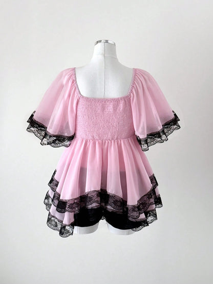 Sunspun New Elegant Sweet Going Out Tops, Chiffon Fabric Contrast Lace Trim With Bow, Oversized Ruffle Sleeve Cinched Waist Slim Fit Blouse