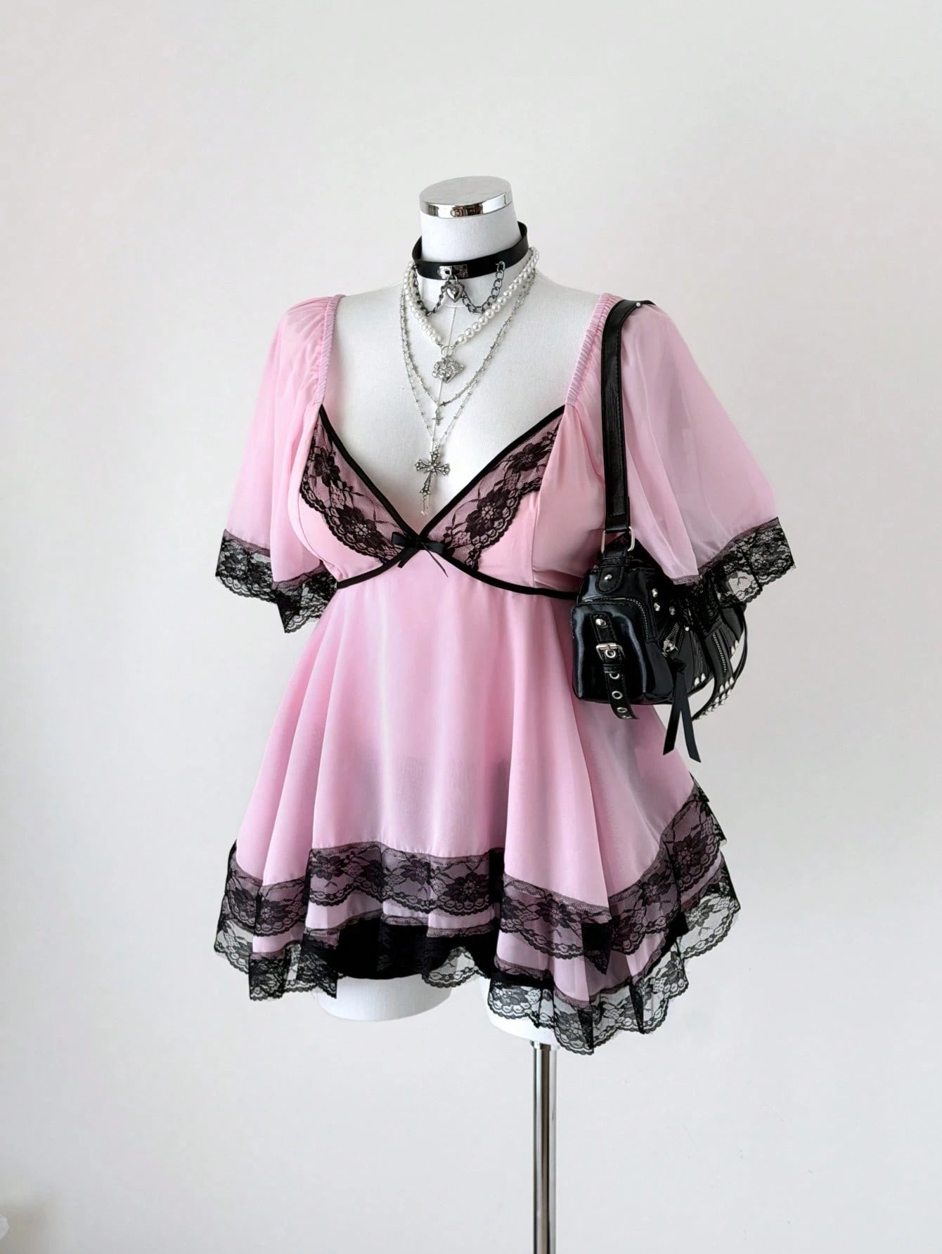 Sunspun New Elegant Sweet Going Out Tops, Chiffon Fabric Contrast Lace Trim With Bow, Oversized Ruffle Sleeve Cinched Waist Slim Fit Blouse