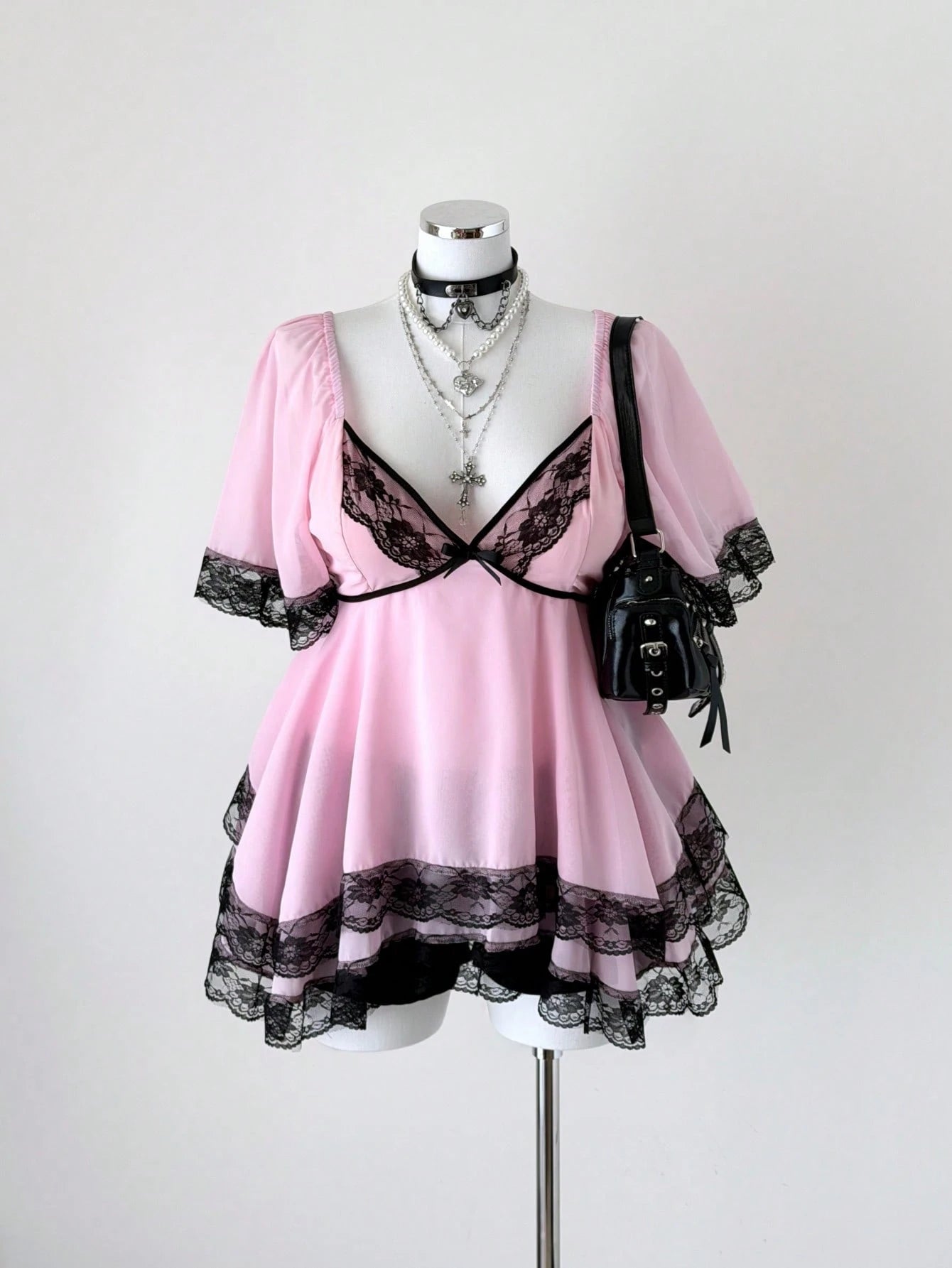 Sunspun New Elegant Sweet Going Out Tops, Chiffon Fabric Contrast Lace Trim With Bow, Oversized Ruffle Sleeve Cinched Waist Slim Fit Blouse
