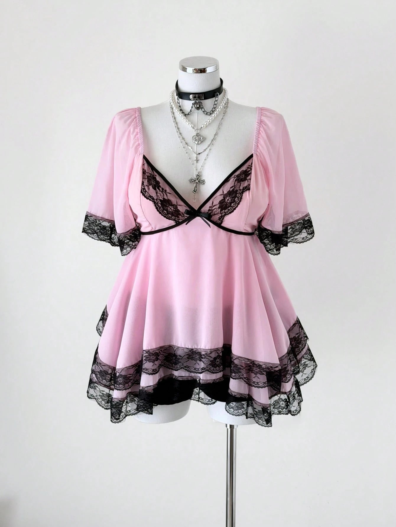 Sunspun New Elegant Sweet Going Out Tops, Chiffon Fabric Contrast Lace Trim With Bow, Oversized Ruffle Sleeve Cinched Waist Slim Fit Blouse