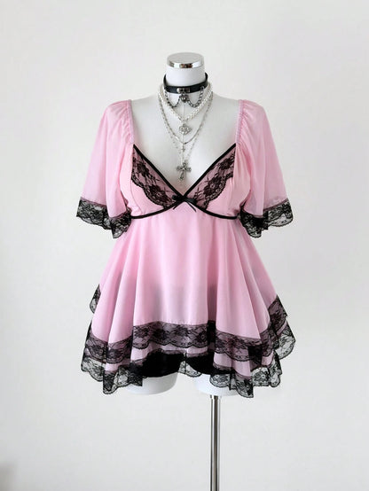 Sunspun New Elegant Sweet Going Out Tops, Chiffon Fabric Contrast Lace Trim With Bow, Oversized Ruffle Sleeve Cinched Waist Slim Fit Blouse