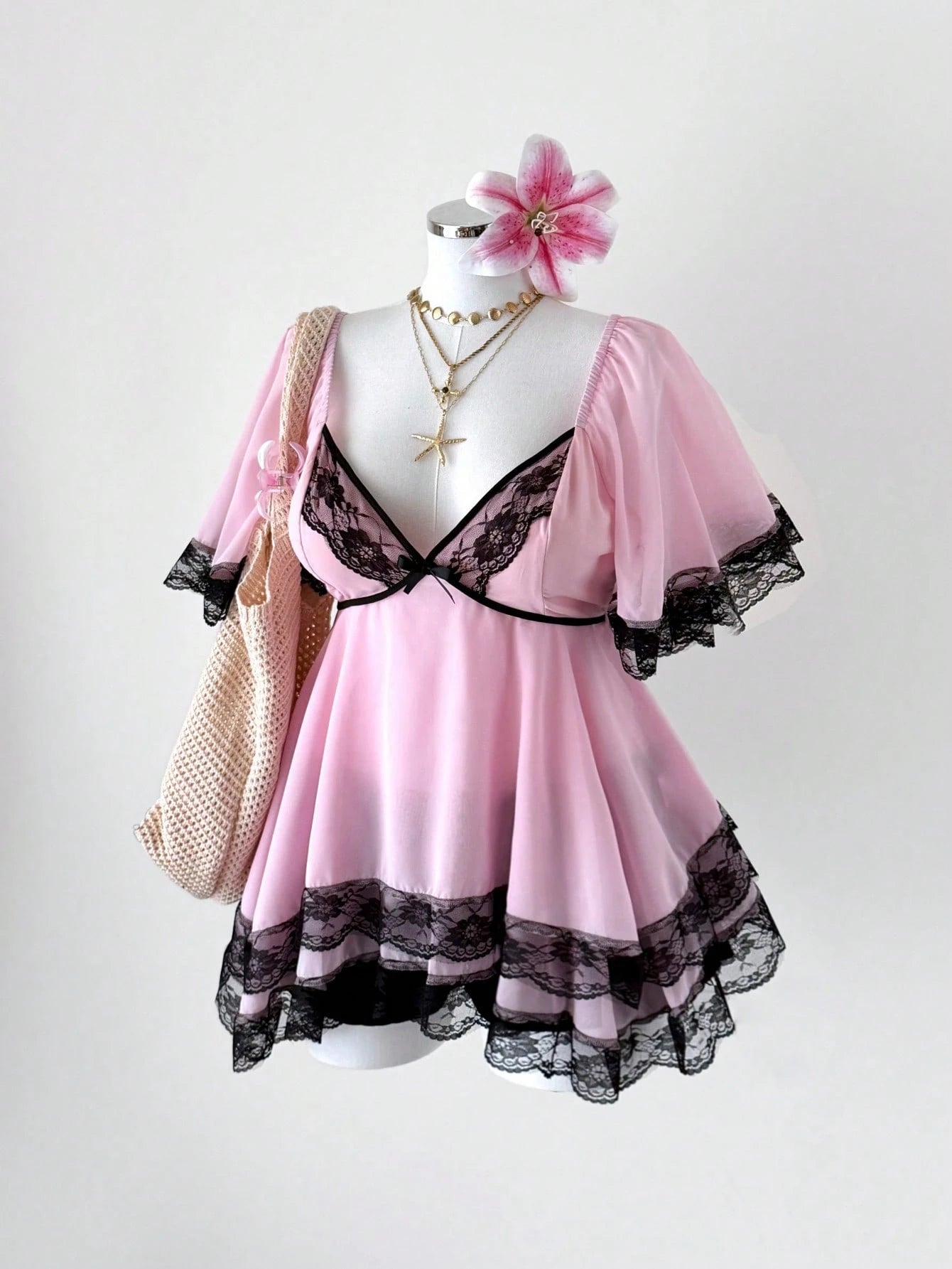 Sunspun New Elegant Sweet Going Out Tops, Chiffon Fabric Contrast Lace Trim With Bow, Oversized Ruffle Sleeve Cinched Waist Slim Fit Blouse