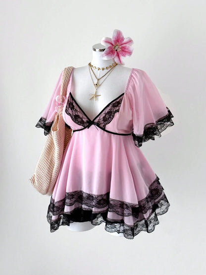 Sunspun New Elegant Sweet Going Out Tops, Chiffon Fabric Contrast Lace Trim With Bow, Oversized Ruffle Sleeve Cinched Waist Slim Fit Blouse