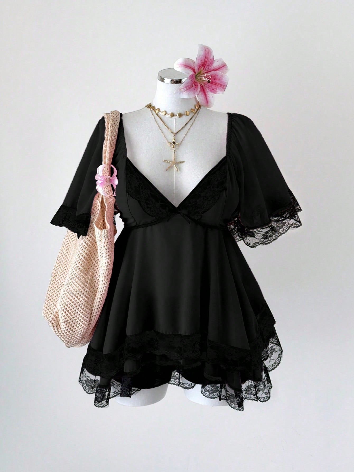 Sunspun New Elegant Sweet Going Out Tops, Chiffon Fabric Contrast Lace Trim With Bow, Oversized Ruffle Sleeve Cinched Waist Slim Fit Blouse