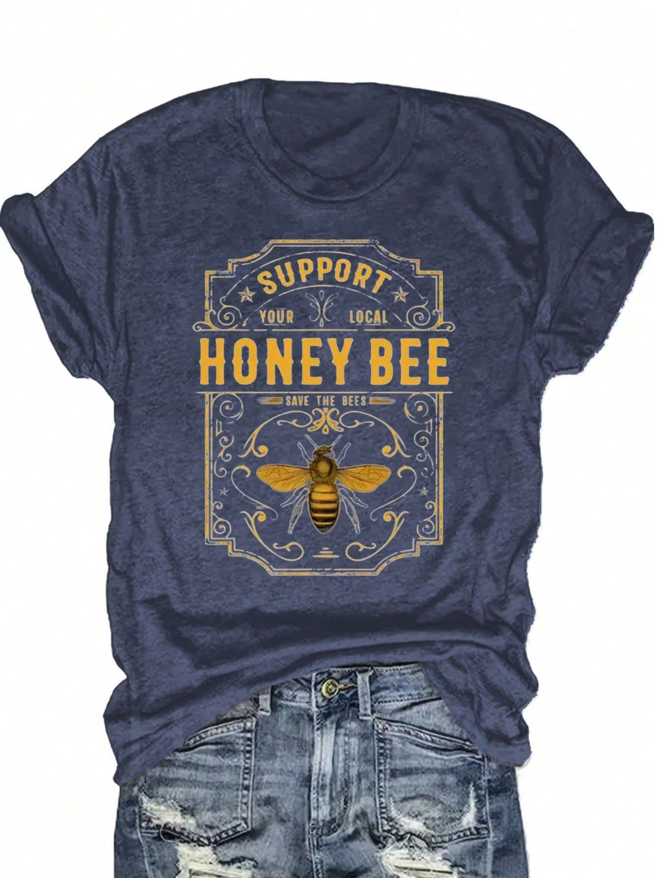 "Support Local Beekeepers" Vintage Bee & Hive Print Tee| Soft Blended Crewneck For Nature Lovers, Casual Summer & Beekeeping Events