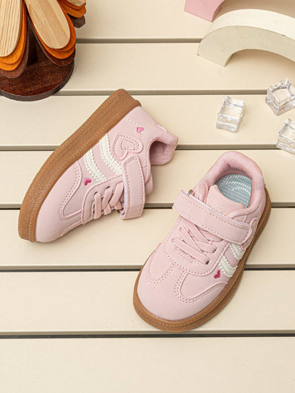 Sweet Heart Embroidery Girls' Low-Top Sneakers, Colorblock Soft Sole, Hook & Loop Closure, Casual Daily Commute Shoes For Toddlers