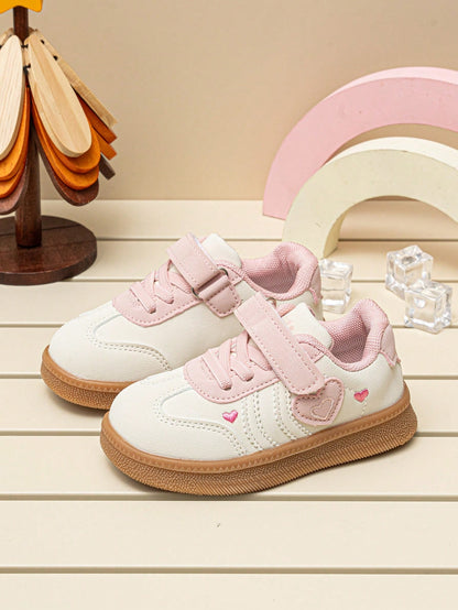 Sweet Heart Embroidery Girls' Low-Top Sneakers, Colorblock Soft Sole, Hook & Loop Closure, Casual Daily Commute Shoes For Toddlers