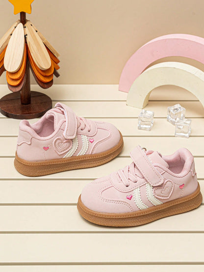 Sweet Heart Embroidery Girls' Low-Top Sneakers, Colorblock Soft Sole, Hook & Loop Closure, Casual Daily Commute Shoes For Toddlers