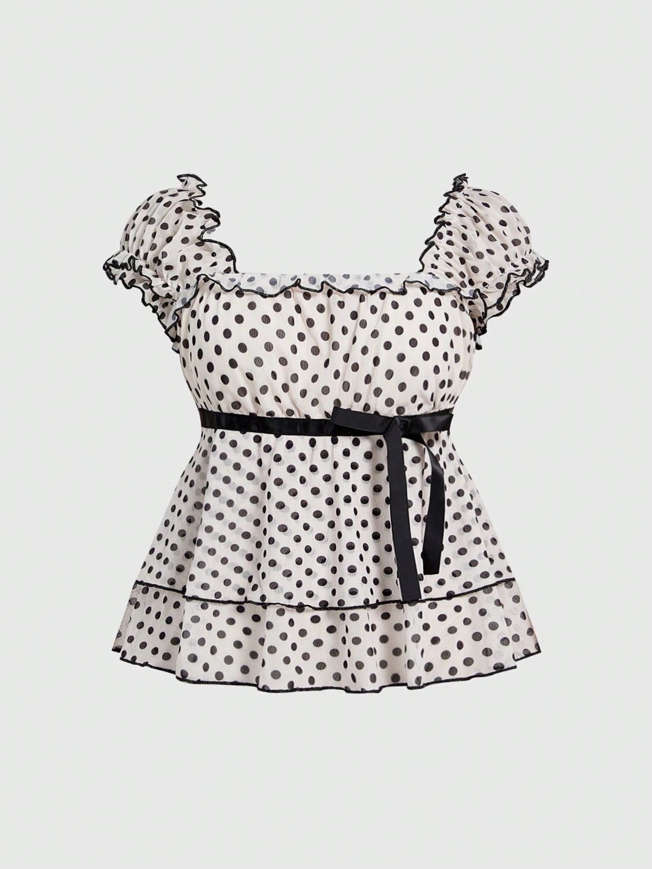 Sweetness Plus Size Women's Vintage French Romantic Vacation Style Polka Dot Colorblock Print Doll Dress T-Shirt With Ribbon Decoration