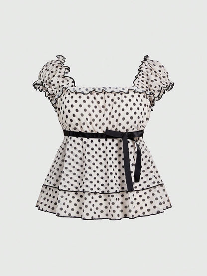 Sweetness Plus Size Women's Vintage French Romantic Vacation Style Polka Dot Colorblock Print Doll Dress T-Shirt With Ribbon Decoration