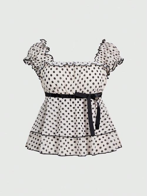Sweetness Plus Size Women's Vintage French Romantic Vacation Style Polka Dot Colorblock Print Doll Dress T-Shirt With Ribbon Decoration