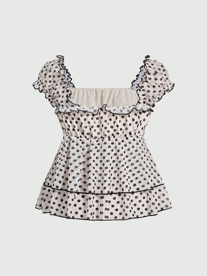 Sweetness Plus Size Women's Vintage French Romantic Vacation Style Polka Dot Colorblock Print Doll Dress T-Shirt With Ribbon Decoration