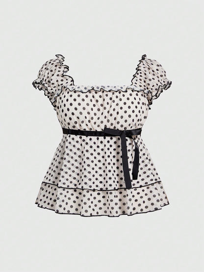 Sweetness Plus Size Women's Vintage French Romantic Vacation Style Polka Dot Colorblock Print Doll Dress T-Shirt With Ribbon Decoration