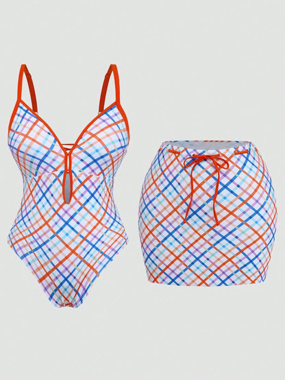 Sweetra 2026 New Summer Beach Vacation Women's Vintage Plaid Blue Vacation Style Mini Dress One-Piece Swimsuit, Plus Size One-Piece Swimsuit