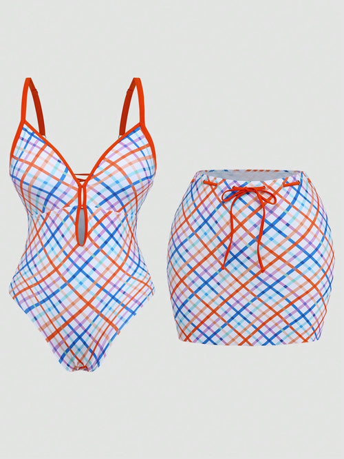 Sweetra 2026 New Summer Beach Vacation Women's Vintage Plaid Blue Vacation Style Mini Dress One-Piece Swimsuit, Plus Size One-Piece Swimsuit
