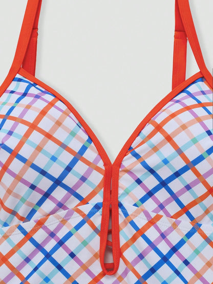 Sweetra 2026 New Summer Beach Vacation Women's Vintage Plaid Blue Vacation Style Mini Dress One-Piece Swimsuit, Plus Size One-Piece Swimsuit