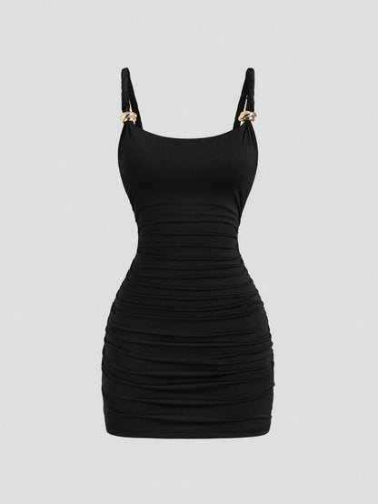 Sweetra European And American New Summer Outing Outfit Twisted Rope Fashion Metal Buckle Hot Girl Street Style Slimming Flattering Daily Commute Versatile Mini Dress