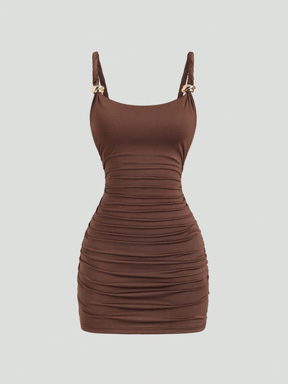 Sweetra European And American New Summer Outing Outfit Twisted Rope Fashion Metal Buckle Hot Girl Street Style Slimming Flattering Daily Commute Versatile Mini Dress