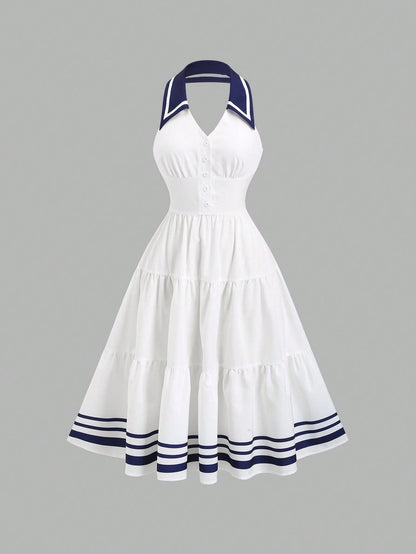 Sweetra New Spring/Summer Women's Dress With Design Elements, Retro Chic Vibe, Fitted Silhouette, Elegant Academic Style, Versatile & Comfortable, White Color