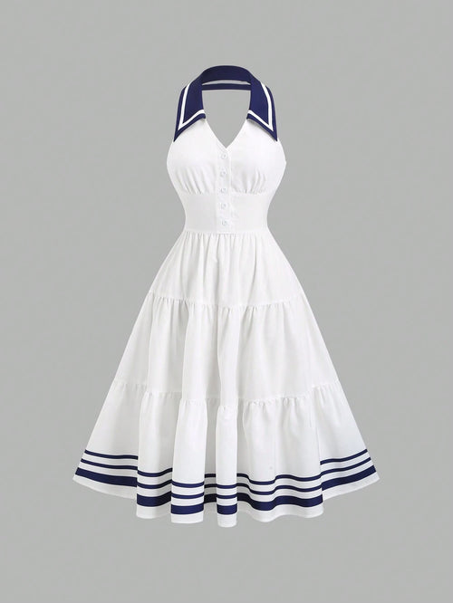 Sweetra New Spring/Summer Women's Dress With Design Elements, Retro Chic Vibe, Fitted Silhouette, Elegant Academic Style, Versatile & Comfortable, White Color