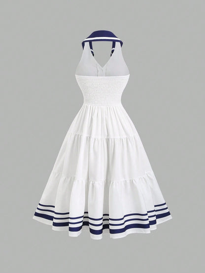 Sweetra New Spring/Summer Women's Dress With Design Elements, Retro Chic Vibe, Fitted Silhouette, Elegant Academic Style, Versatile & Comfortable, White Color