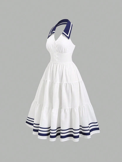 Sweetra New Spring/Summer Women's Dress With Design Elements, Retro Chic Vibe, Fitted Silhouette, Elegant Academic Style, Versatile & Comfortable, White Color