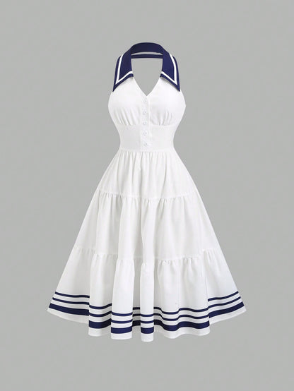 Sweetra New Spring/Summer Women's Dress With Design Elements, Retro Chic Vibe, Fitted Silhouette, Elegant Academic Style, Versatile & Comfortable, White Color