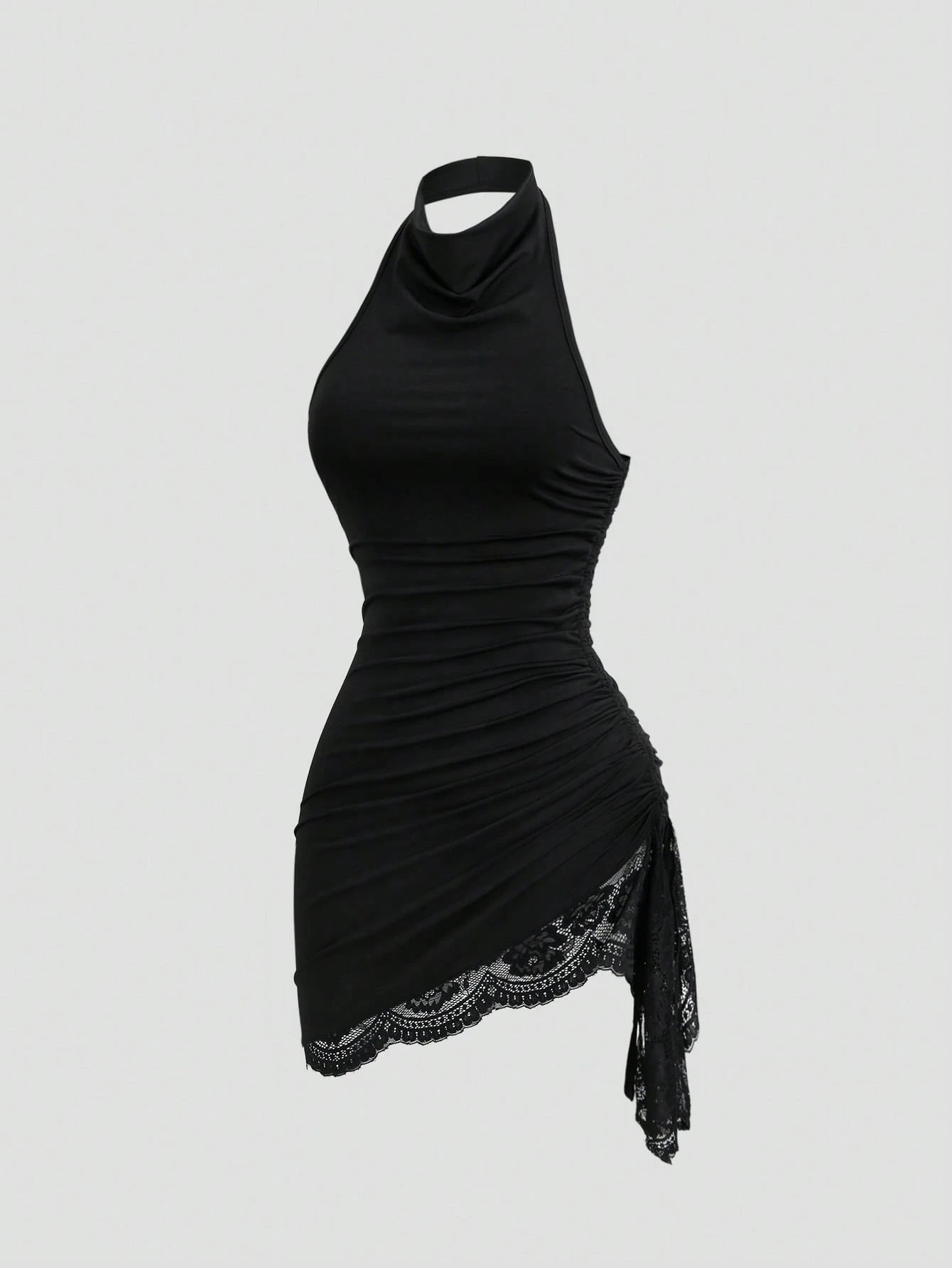 Sweetra New Summer Lace Patchwork Asymmetric Hem Drawstring Tie Design Cowl Neck Backless Elegant Commuter Fashion Mini Dress