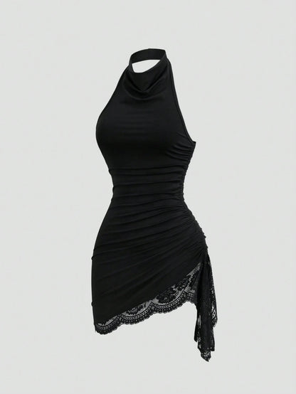 Sweetra New Summer Lace Patchwork Asymmetric Hem Drawstring Tie Design Cowl Neck Backless Elegant Commuter Fashion Mini Dress