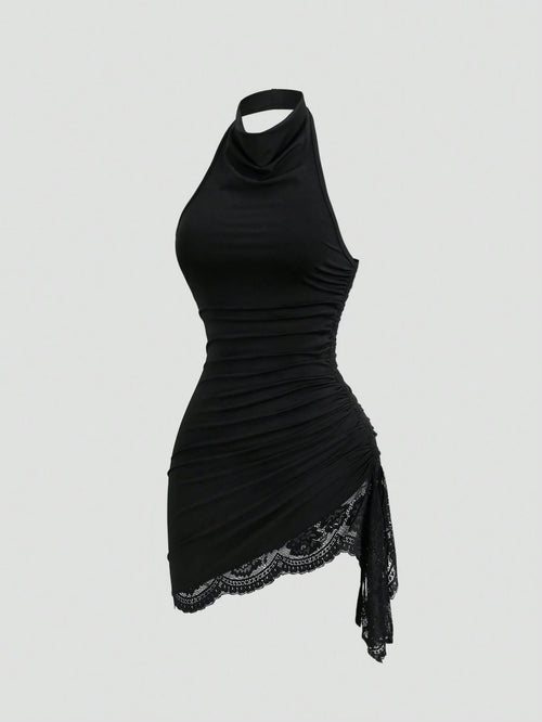 Sweetra New Summer Lace Patchwork Asymmetric Hem Drawstring Tie Design Cowl Neck Backless Elegant Commuter Fashion Mini Dress