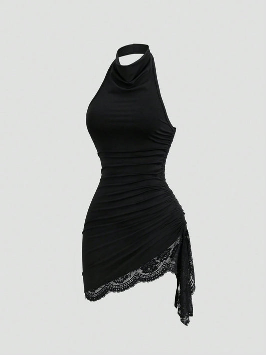 Sweetra New Summer Lace Patchwork Asymmetric Hem Drawstring Tie Design Cowl Neck Backless Elegant Commuter Fashion Mini Dress