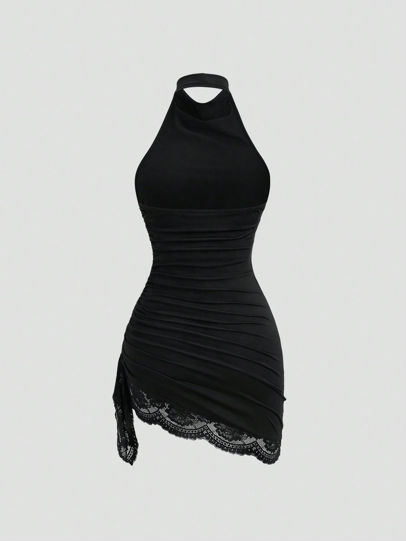 Sweetra New Summer Lace Patchwork Asymmetric Hem Drawstring Tie Design Cowl Neck Backless Elegant Commuter Fashion Mini Dress